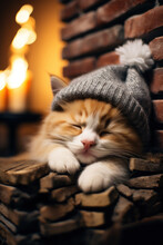 Cute Kitty In Knit Cap Sleeping In Front Of The Fireplace. A Cozy Winter Christmas Eve.