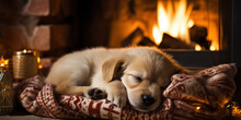 Cute Labrador Puppy Sleeping In Front Of The Christmas Fireplace. A Little Golden Retriever.