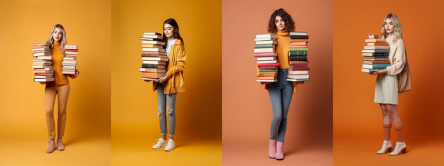 Collection set ful length of a pretty woman attractive overwhelmed intelligent girl carrying a big large pile of books and materials science project. Isolated on yellow color background. Generated AI 