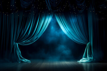 Empty theater stage with blue velvet curtains. luxurious blue stage curtain