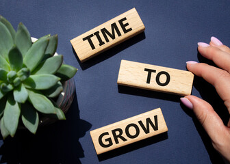 Time to Grow symbol. Concept word Time to Grow on wooden blocks. Businessman hand. Beautiful deep blue background. Business and Time to Grow concept. Copy space