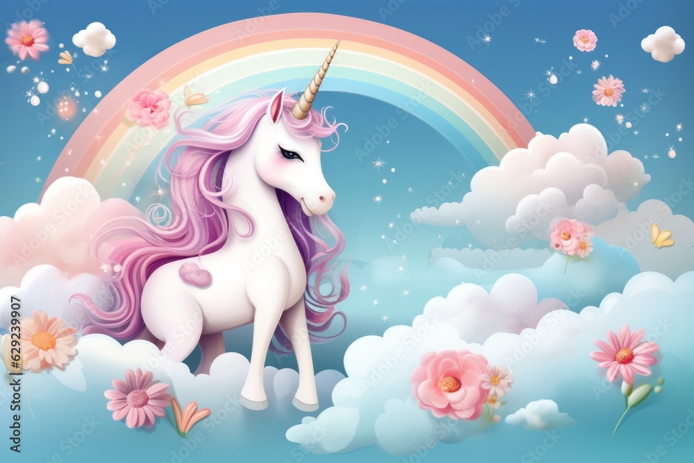 Illustration of a majestic unicorn standing on a fluffy cloud with a ...