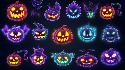 Wall Mural - Collection of halloween silhouettes stickers badges scrapbooking elements icons and characters, bat, witch, pumpkins, haunted house, trees, NEON LIGHT RTX 