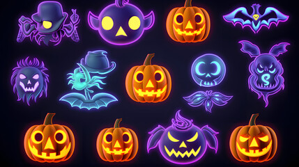 Wall Mural - Collection of halloween silhouettes stickers badges scrapbooking elements icons and characters, bat, witch, pumpkins, haunted house, trees, NEON LIGHT RTX 