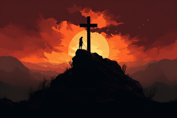 Wall Mural - Solitary figure standing atop the hill with a cross silhouette