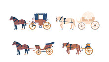 Set Of Carriages Isolated On White Background. Elegant And Luxurious Horse-drawn Vehicles, Cartoon Vector Illustration