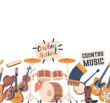 Seamless Pattern Featuring Country Music Instruments Like Guitar, Banjo, And Fiddle, Cartoon Vector Illustration