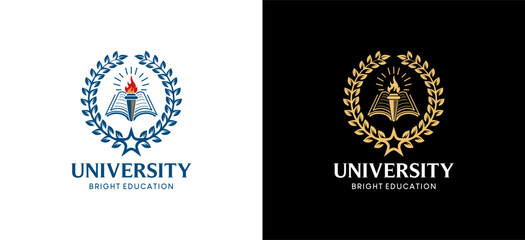 Higher education university emblem logo design using torch, book and paddy star symbols