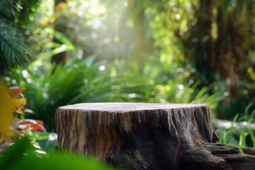 Poster - Wooden cut, round podium on the background of tropical plants. High quality photo