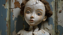 Vintage Porcelain Doll With Cracked Paint And An Unsettling Expression. Close Up Portrait Of An Old Doll. 