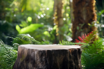 Poster - Wooden cut, round podium on the background of tropical plants. High quality photo
