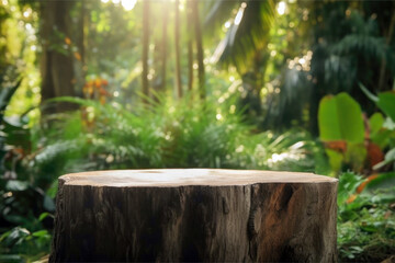 Poster - Wooden cut, round podium on the background of tropical plants. High quality photo