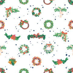 Wall Mural - Festive Seamless Pattern Featuring Christmas Tree Wreaths And Garlands, Cartoon Vector Illustration