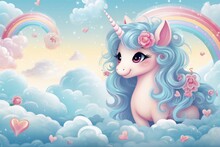 Illustration Of A Majestic Unicorn Sitting On A Fluffy Cloud With A Vibrant Rainbow In The Background Created With Generative AI Technology