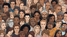 Diverse Crowd Of People - Seamless Banner Of 100 Different Hand Drawn Faces Of Various Ethnicities