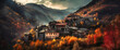 an autumnal sky over a mountain village