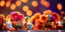 Day Of The Dead Background. El Dia De Muertos Banner With Altar With Flowers, Skulls And Burning Candles On Blurred Background With Bokeh Effect. Banner Size, Copy Space