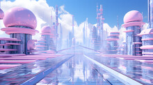 3d Barbie Rendering And Illustration And Fantasy, Wonderland Architecture, White, Pink, Blue Sky, Modern, Trendy, New