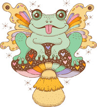 Frog Butterfly On Mushroom Sticker. Vintage Groovy Illustration Of Cute Frog On Mushroom. Doodle Psychedelic Art Of Happy Toad With Butterfly Wings On Amanita, Vector Hand Drawn Retro Hippie Poster
