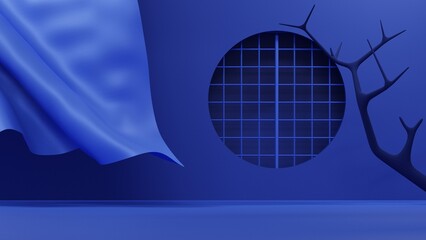 Poster - minimal blue background with empty room display, luxury pedestal for branding and product placement, 3d rendering