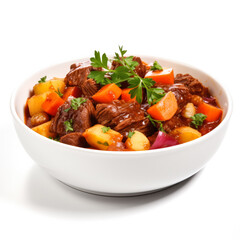  Slow-cooked and tender beef stew with root vegetables isolated on white background 