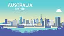Australian Capital Canberra Skyline Background With Dense Vegetation On The Banks Of The River Digital Rendering, Typographic Style, Flat Design
