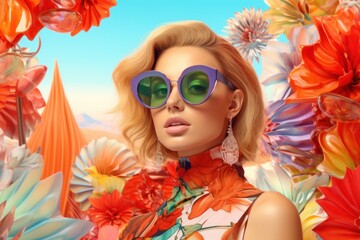 Wall Mural - Beautiful woman in a printed frame with sunglasses, in the style of tropical landscapes, cubist fragmented reality, photo-realistic landscapes