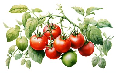 Sticker - Beautiful hand drawn watercolor tomato on branch. Ink painting vegetable.  generative ai