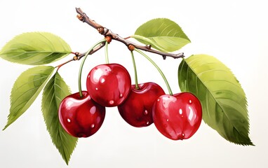 Wall Mural - Beautiful hand drawn watercolor cherry on branch. Ink painting fruits. generative ai