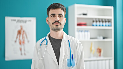 Sticker - Young hispanic man doctor standing with serious expression at clinic