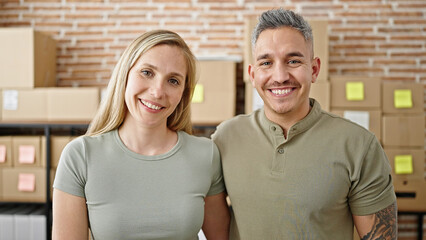 Sticker - Man and woman ecommerce business workers standing together smiling at office