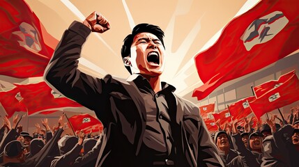 Wall Mural - Drawn illustration, North Korean leader with energetic gestures making a communist propaganda speech.