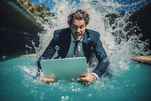 Businessman In A Suit Chatting With Colleagues On A Laptop While Sitting In The Pool. Remote Work Online Concept. Funny Incredible Illustration.