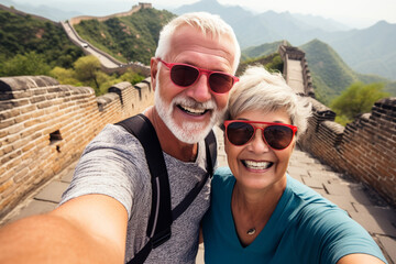 A happy elderly tourist couple take a selfie in China with the Great Wall in the background. Travel retirement concept. AI generated.