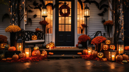 Front porch Halloween decor after dark