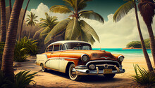 A Vintage Car In The Style Of The 1960s Stands Under Palm Trees On The Seashore. Vintage Color Toning Illustration. AI Generative.