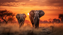 Two Adult Elephants Walking In Savannah Against Sunset. Generative AI