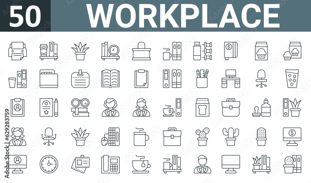 set of 50 outline web workplace icons such as printer, bookshelf, plant ...