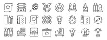 Set Of 24 Outline Web Education Icons Such As Scroll, Pencil Case, Tennis Racket, Medal, Paint Palette, Chess, Glue Vector Icons For Report, Presentation, Diagram, Web Design, Mobile App