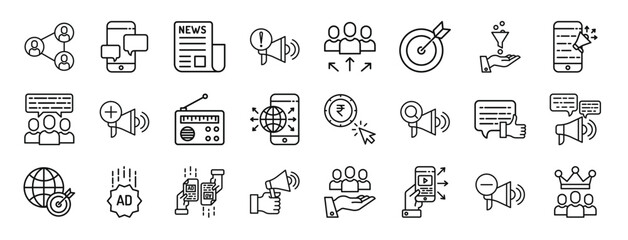 set of 24 outline web ads icons such as network, message, newspaper, ad, promote, strategy, ads vector icons for report, presentation, diagram, web design, mobile app