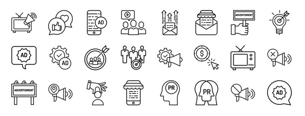 Wall Mural - set of 24 outline web ads icons such as tv, like, ads, as, email, sale, ad vector icons for report, presentation, diagram, web design, mobile app