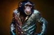 A chimp wearing disco outfit to advocate animal rights and imaginative expression. Generative AI