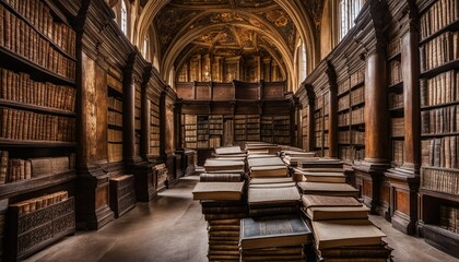 Poster - Ancient library books and manuscripts on wall