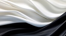 The Beautiful Silky Black And White Wavy Fabric Halved. Smooth Elegant Silk With Folds In Full Screen. Delicate Cloth. Abstract Background. Illustration For Banner, Cover, Brochure Or Presentation.