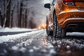 Winter tire. SUV car on snow road. Tires on snowy highway detail. close up view. Space for text. The concept of family travel to a ski resort. Winter or spring holidays adventures.