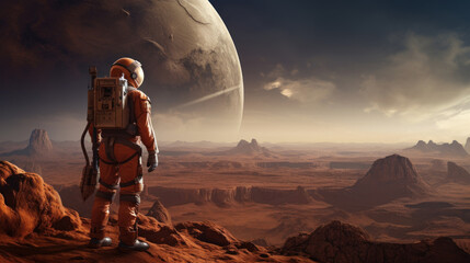 Back view of astronaut wearing space suit walking on a surface of a red planet. Generative AI