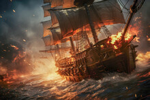 Pirate Ship In A Ferocious Sea Battle
