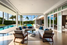 Luxury Mansion House Villa Florida Usa Miami Building With Garden And Pool. Tropical Vacation Vibe