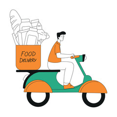 Sticker - Food Delivery Service with Man Courier Ride Scooter with Package Vector Illustration