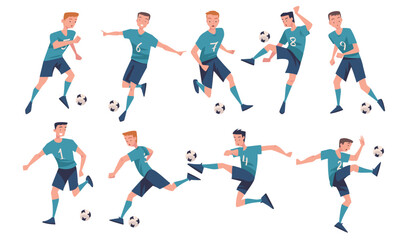 Wall Mural - Man Footballer in Uniform Playing Football Pass Ball Vector Set